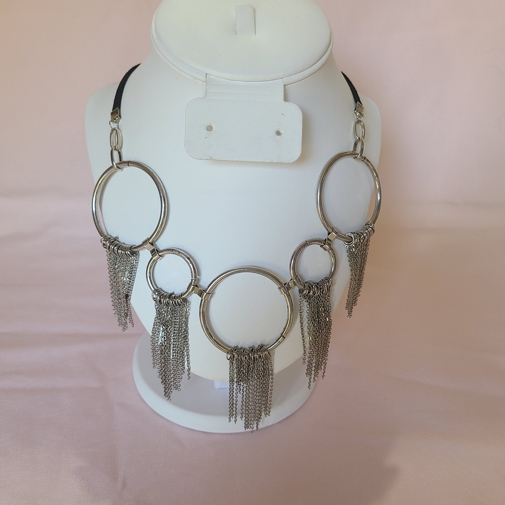 Joan Vass Circle Ring Hoop Tassel Metal Pendant Statement Necklace Chunky Bib